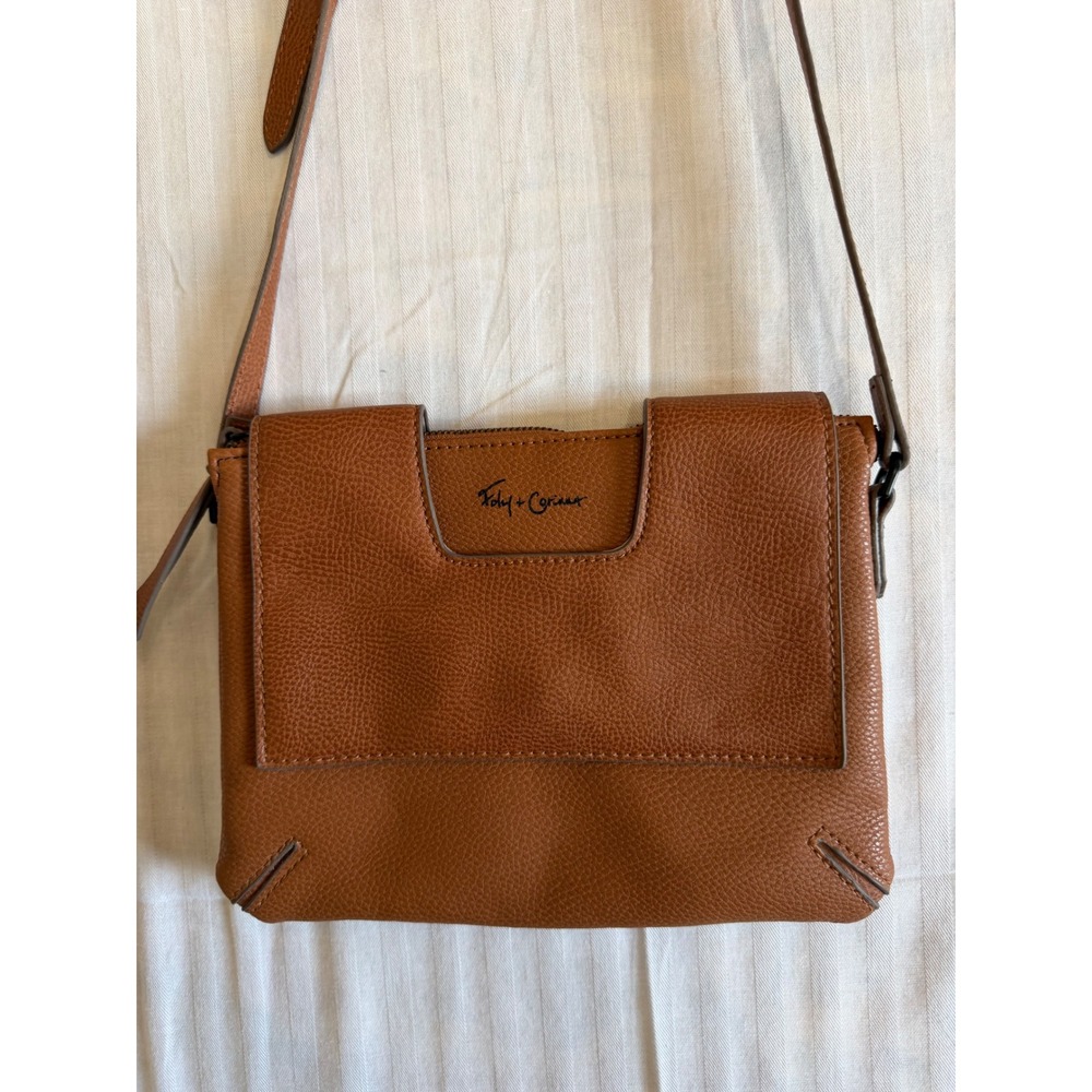 Foley + Corinna Cognac Brown Pebbled Crossbody Bag Foldover Flap Purse